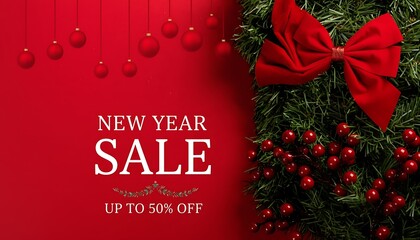 Festive new year sale announcement with red bow and christmas ornaments on a red background