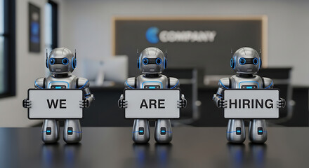 Robots Hiring Concept – Futuristic Recruitment Copy Space Poster, robot hiring, futuristic recruitment, AI hiring, recruitment poster, hiring concept, copy space design, robot workforce, digital hire
