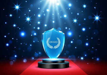 A glowing blue shield award sits on a pedestal under spotlights and falling stars, symbolizing achievement and recognition on a grand stage