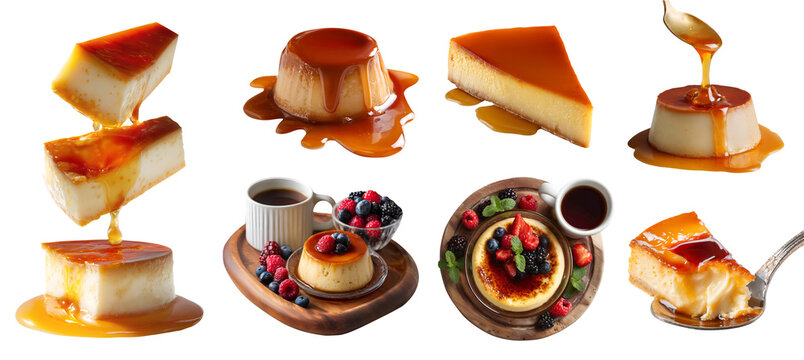 Set of Crème caramel, flan, caramel condensed milk pudding, custard creamy baked dessert, stack broken slice pile, wooden serving board, transparent cutout PNG. Mockup template for artwork - Powered by Adobe