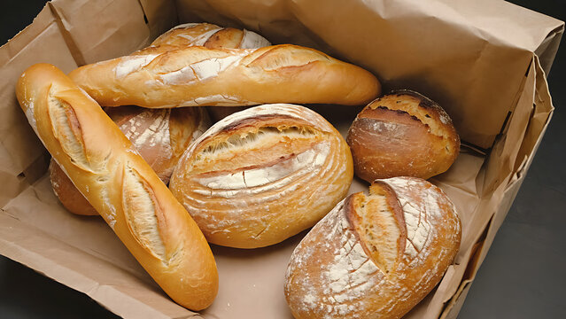 Assorted artisan bread and baguettes in paper bag closeup