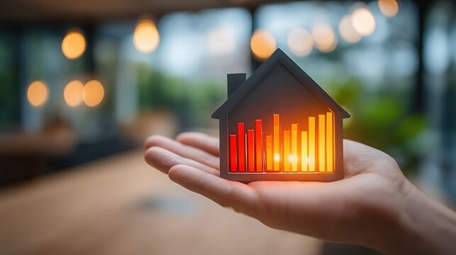 Holding future home value growth potential in your hands with a glowing chart in a house, showing market trends and investment growth, real estate - Powered by Adobe