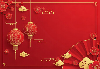 Traditional chinese new year celebration with red lanterns, auspicious clouds, and plum blossoms on a vibrant red background, symbolizing good fortune and prosperity