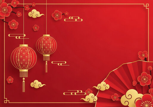 Traditional chinese new year celebration with red lanterns, auspicious clouds, and plum blossoms on a vibrant red background, symbolizing good fortune and prosperity