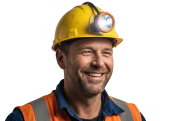 Smiling male miner wearing yellow hard hat with headlamp and orange safety vest isolated on transparent background