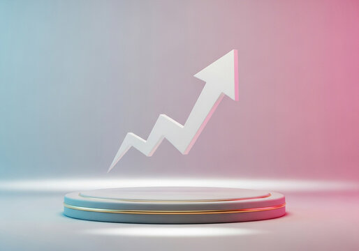 A white arrow graph showing upward trend and growth, presented on a circular podium with blue and pink lighting