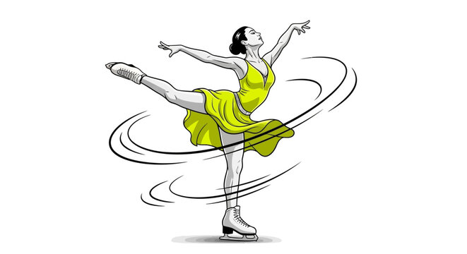 Dynamic figure skater gracefully performs a stunning spin in a vibrant competition dress, capturing the essence of athletic artistry and elegance.