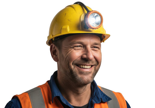 Smiling male miner wearing yellow hard hat with headlamp and orange safety vest isolated on transparent background