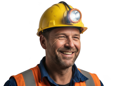 Smiling male miner wearing yellow hard hat with headlamp and orange safety vest isolated on transparent background