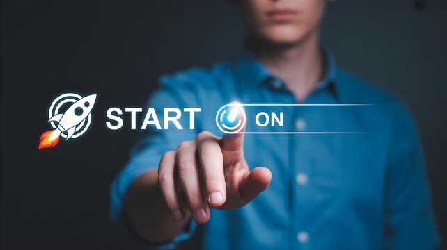 Person's finger pressing a glowing button to launch a new venture with a rocket icon, symbolizing startup and success.