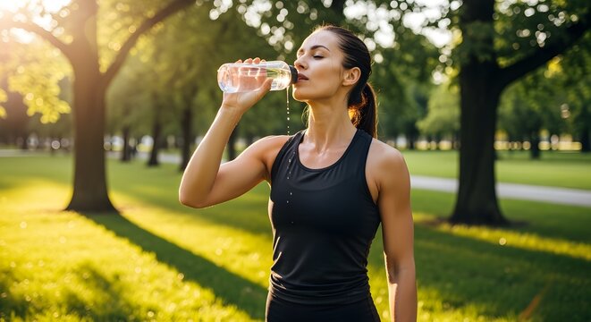 Fit woman refreshing with water after outdoor workout in sunny park - Powered by Adobe