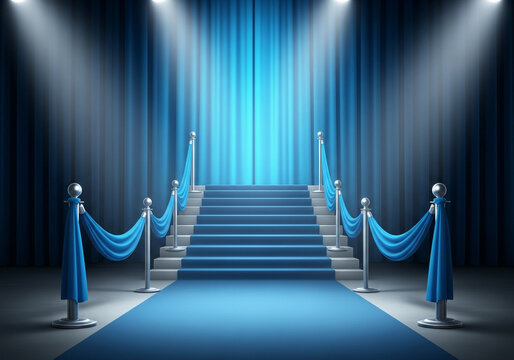 A grand blue carpet leads up a wide staircase to a stage, illuminated by spotlights against a backdrop of elegant blue curtains, creating a sense of occasion and prestige