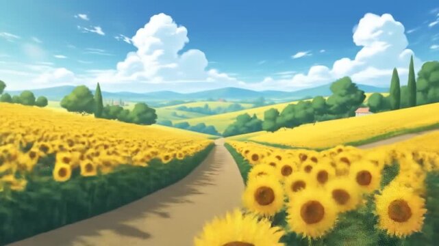 Digital painting of a vibrant summer landscape. A field of golden sunflowers stretches under a brilliant blue sky, with a winding dirt path through rolling green hills