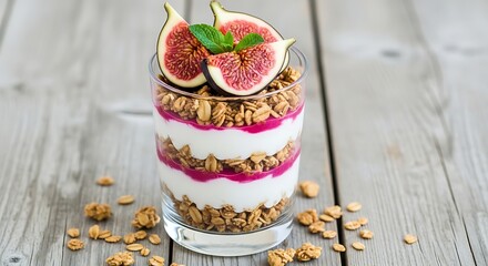 Delicious yogurt parfait with fresh figs and granola