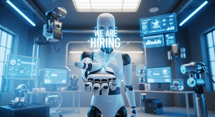 Robots Hiring Concept – Futuristic Recruitment Copy Space Poster, robot hiring, futuristic recruitment, AI hiring, recruitment poster, hiring concept, copy space design, robot workforce, digital hire
