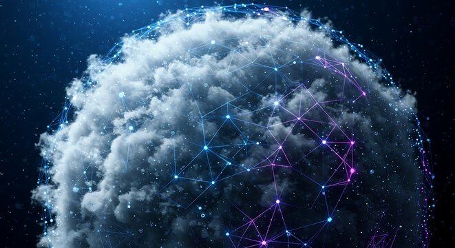 Abstract digital cloud with glowing network connections representing cloud computing and data transfer on a dark background