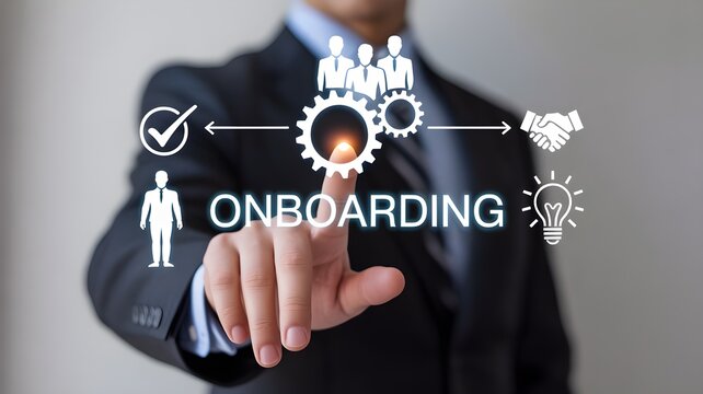 Man's hand touching digital screen with 'Onboarding' text and icons representing teamwork and success.