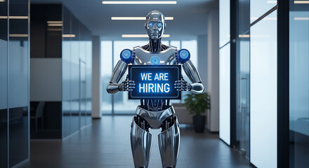 Robots Hiring Concept – Futuristic Recruitment Copy Space Poster, robot hiring, futuristic recruitment, AI hiring, recruitment poster, hiring concept, copy space design, robot workforce, digital hire
