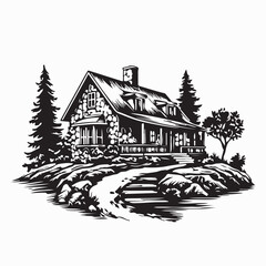 Rustic Stone Cottage Illustration Vector isolated on white background
