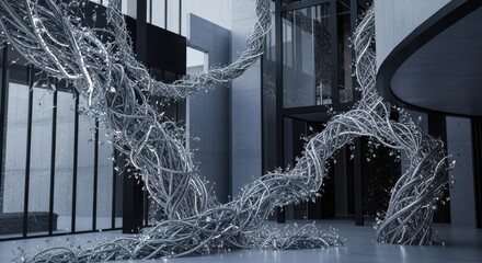 Abstract metallic strands creating dynamic organic shapes within a modern architectural space