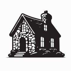 Cozy Vintage Stone House Silhouette Vector on white background