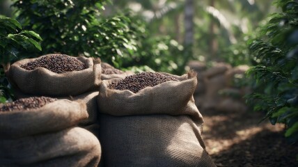 Obraz premium Coffee bean sacks in lush forest setting. AI image