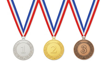 Three medals for first, second, and third place winners, isolated on white background