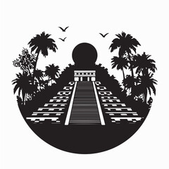 Mayan Temple in Tropical Forest Silhouette Logo on white background