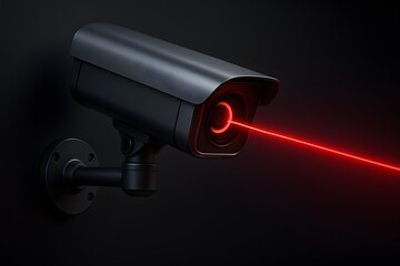 CCTV security camera with red laser beam scanning in dark environment, symbolizing surveillance, monitoring, protection, technology, and advanced security systems