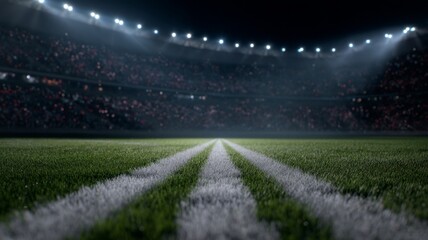 Illuminated football field at night with central line perspective. AI image