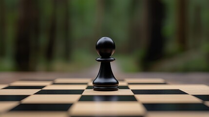 Chess pawn stands on a wooden board in a peaceful forest setting