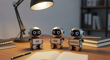 Robots Hiring Concept – Futuristic Recruitment Copy Space Poster, robot hiring, futuristic recruitment, AI hiring, recruitment poster, hiring concept, copy space design, robot workforce, digital hire
