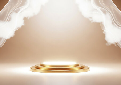 A luxurious golden podium illuminated by a spotlight, with elegant white drapes framing the scene, creating a sense of grandeur and prestige