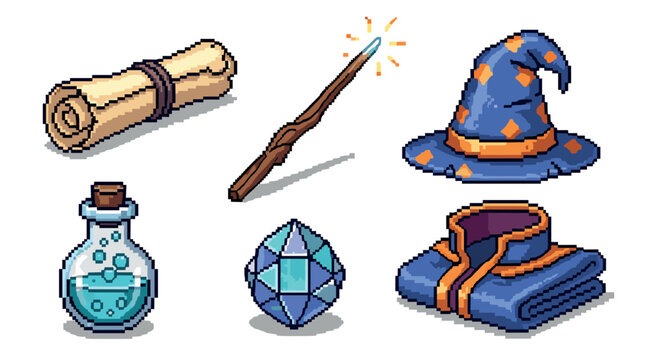 Collection of pixel art fantasy wizard items including a magic wand, potion, scroll, hat, robe, and crystal, isolated for a retro video game concept