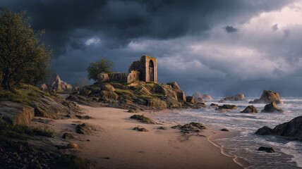 Stormy ocean scene with dramatic clouds and rocks. AI image