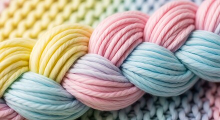Close up of chunky yarn braided in pastel rainbow colors on a knitted background