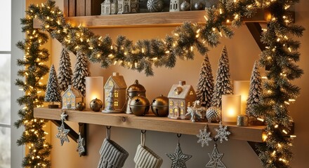 Cozy Christmas Mantel Decor with Warm Lights and Festive Accents