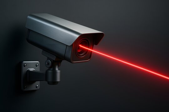 CCTV security camera with red laser beam scanning in dark environment, symbolizing surveillance, monitoring, protection, technology, and advanced security systems