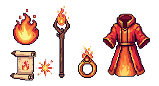 Pixel art set of fire mage equipment with a magic staff, flaming ring, ancient scroll, and red robe, designed as retro 8-bit video game assets isolated