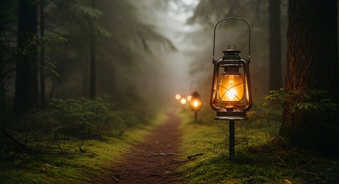 Glowing lantern illuminates a misty forest path at dusk