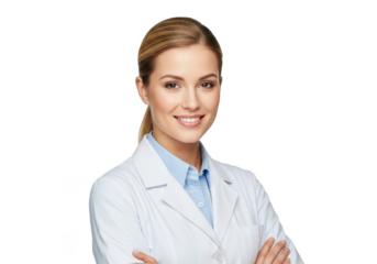 Smiling young woman professional wearing a white lab coat with arms crossed isolated on transparent background