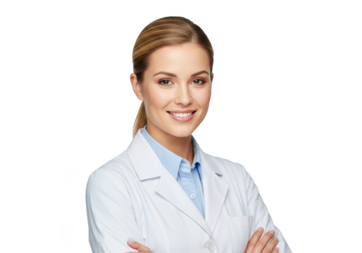 Smiling young woman professional wearing a white lab coat with arms crossed isolated on transparent background