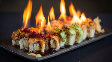 Flaming sushi roll platter with dramatic fire effects, gourmet japanese cuisine presentation featuring torch-seared rolls, fresh ingredients, and vibrant culinary flames for modern food photography an