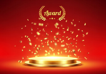 Golden award podium with confetti and laurel wreath, celebrating achievement and success on a vibrant red background