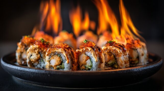Flaming sushi rolls on dark plate with fresh ingredients, spicy sashimi, and vibrant garnishes, capturing japanese cuisine artistry and gourmet presentation for culinary and food photography