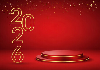 A vibrant red stage with a golden podium and the year 2026 prominently displayed, set against a backdrop of falling confetti, perfect for new year celebrations