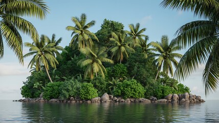 Fototapeta premium Lush tropical island oasis with palm trees in calm ocean vista.
