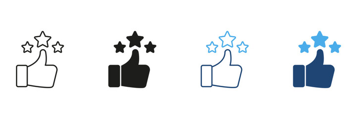 Thumbs Up With Stars Line And Solid Icon Set. Positive Feedback, Customer Satisfaction, And Quality Rating Outline And Silhouette Symbol Collection. Isolated Vector Illustration