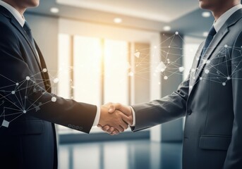 Professional business people shaking hands with digital overlay.