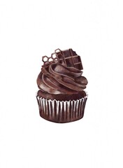Illustration of a chocolate cupcake topped with smooth chocolate mousse and decorated with a small chocolate bar.